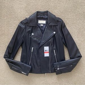 NWT $450 Michael Kors Leather Moto Bomber Jacket XS Navy Motorcycle